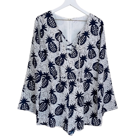 Lucca Pineapple Long Minimal Bell Sleeve Tie Neck Short Romper Size Large - Picture 2 of 10